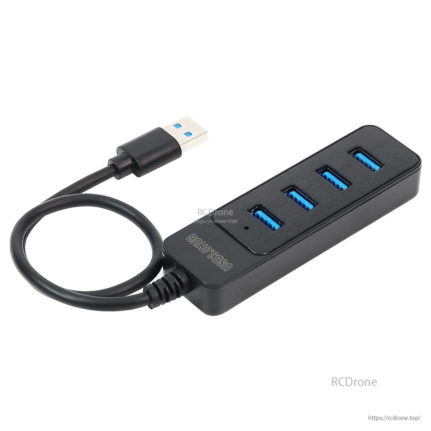 Angled close-up of four USB-A ports and attached USB-A connector on the hub cable