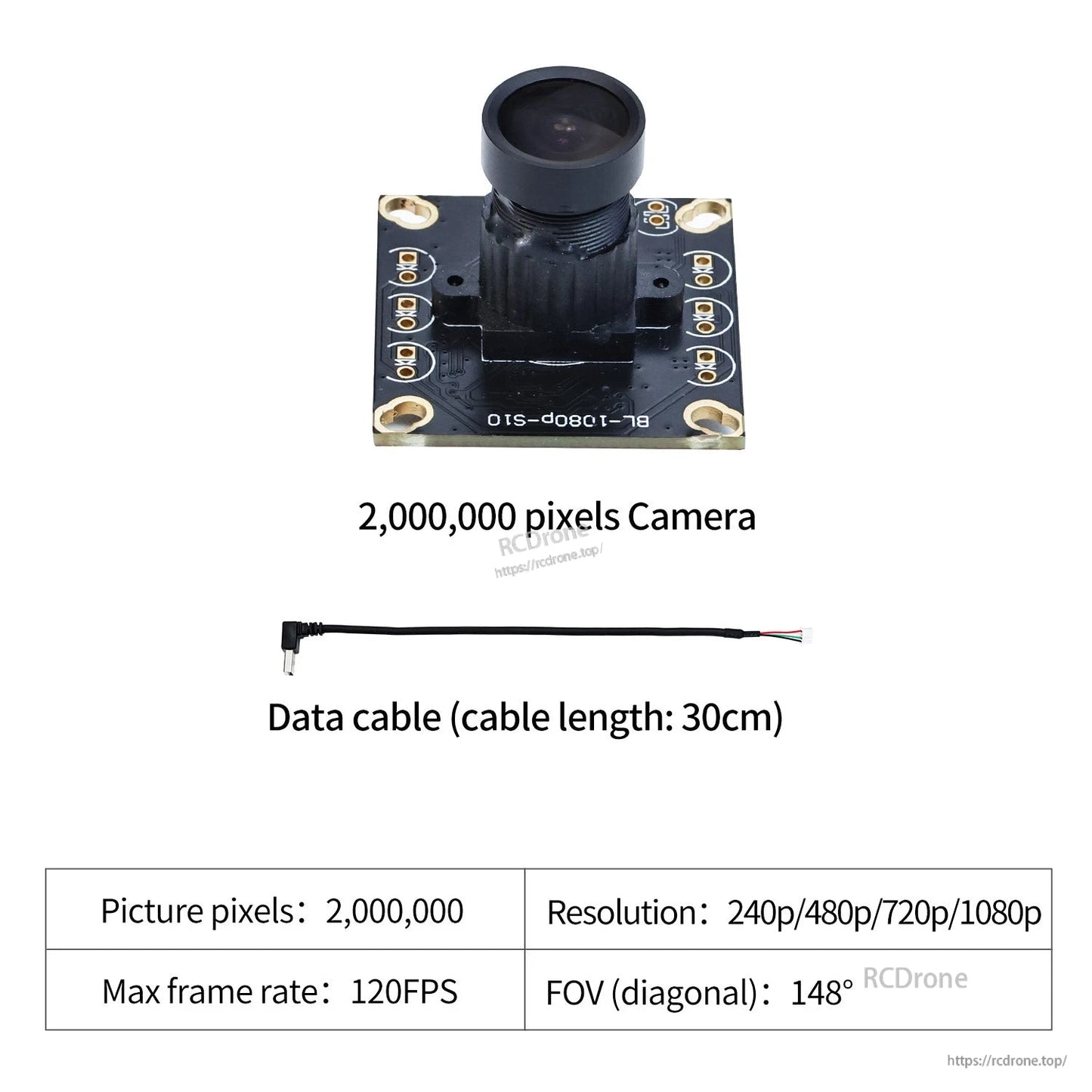 2,000,000 pixels camera module with 30cm data cable and spec box (up to 1080p, 120FPS, 148° FOV)