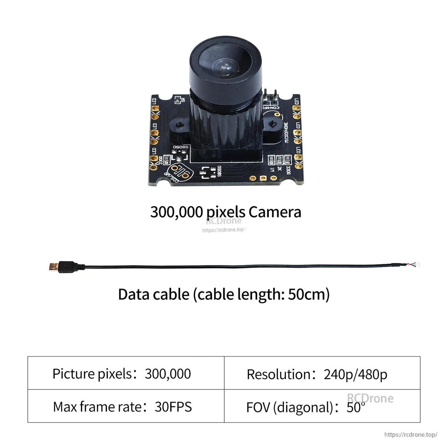300,000 pixels camera module with 50cm data cable and spec box (240p/480p, 30FPS, 50° FOV)