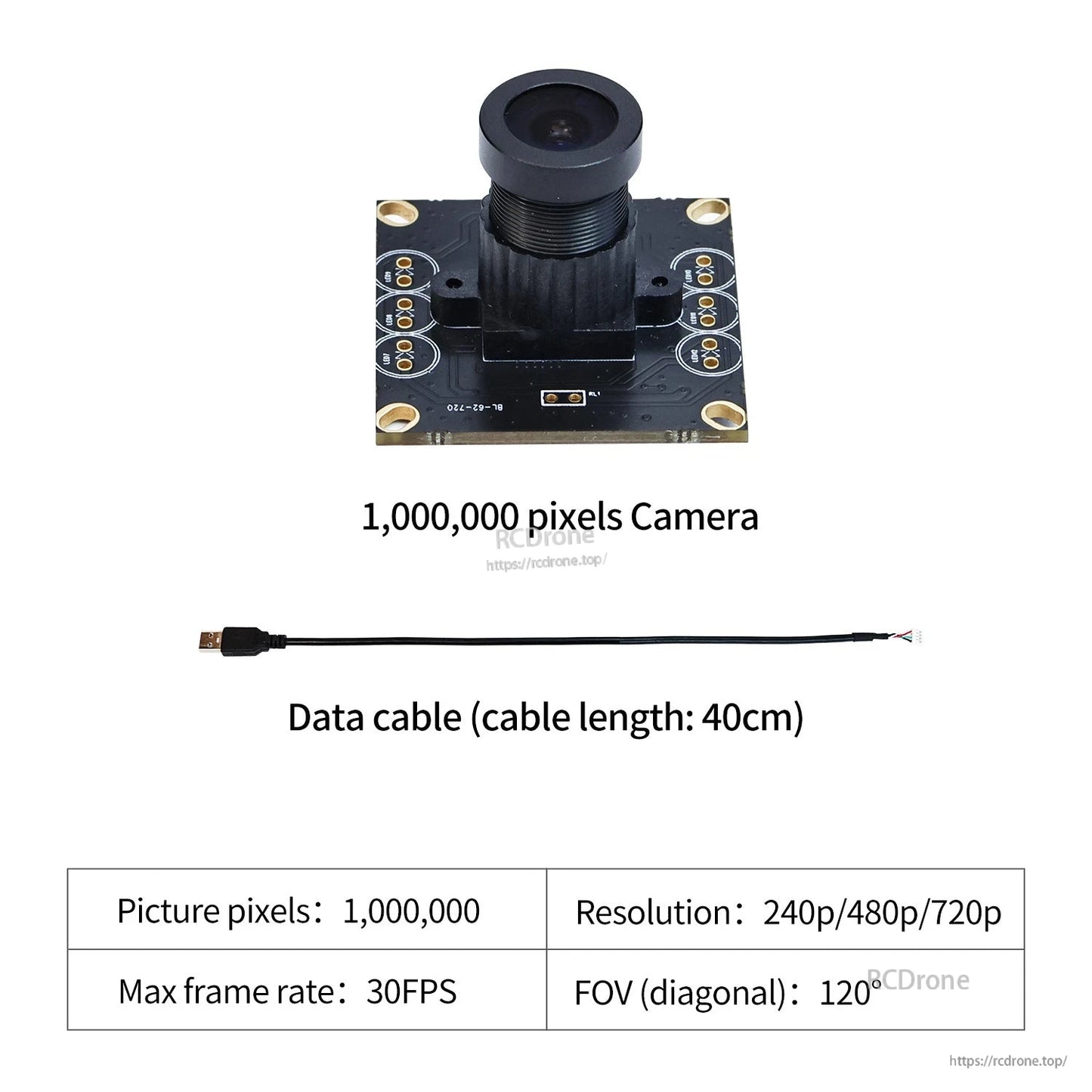 1,000,000 pixels camera module with 40cm data cable and spec box (up to 720p, 30FPS, 120° FOV)