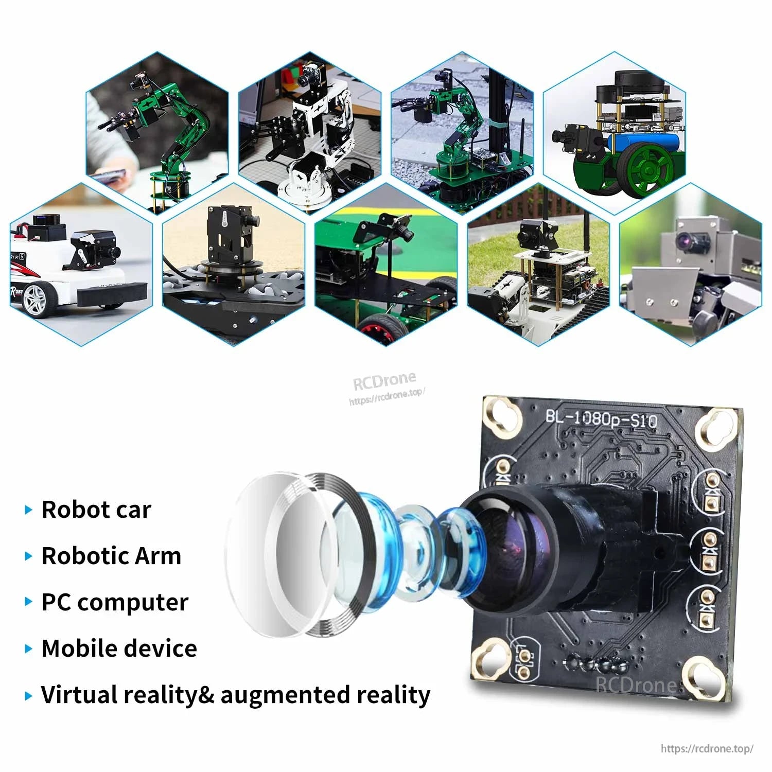 USB camera module application collage with lens diagram; listed uses: robot car, robotic arm, PC, mobile, VR/AR