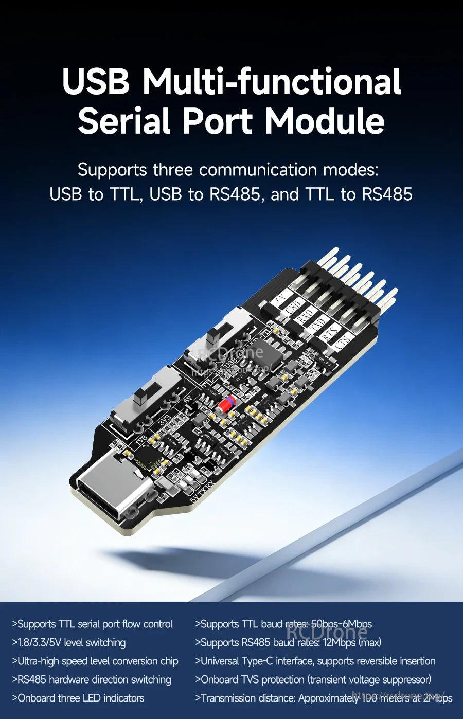 Yahboom USB multi-functional serial port module with USB-TTL, USB-RS485 and TTL-RS485 modes