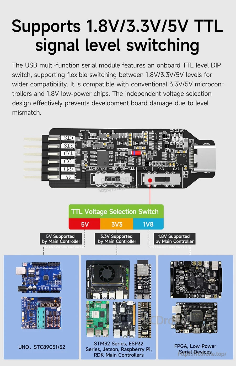 TTL voltage selection switch supporting 1.8V, 3.3V and 5V UART logic levels