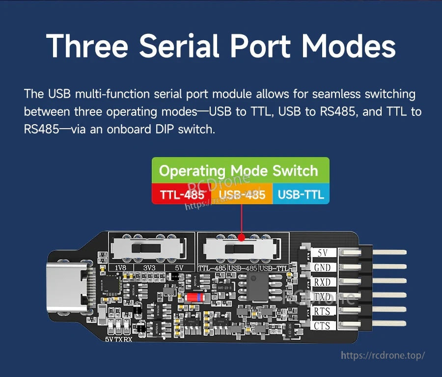 Three-position operating mode switch for TTL-485, USB-485 and USB-TTL on the serial adapter board