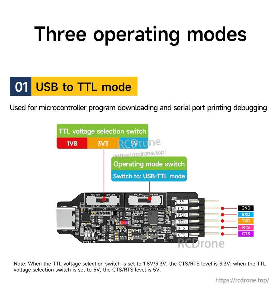 USB to TTL mode pinout with voltage selection switch and TTL header connections labeled