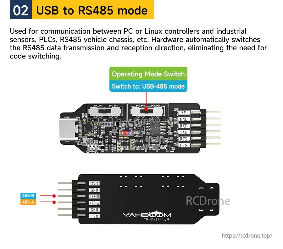 USB to RS485 mode wiring with 485-A and 485-B connections for PC to industrial bus devices