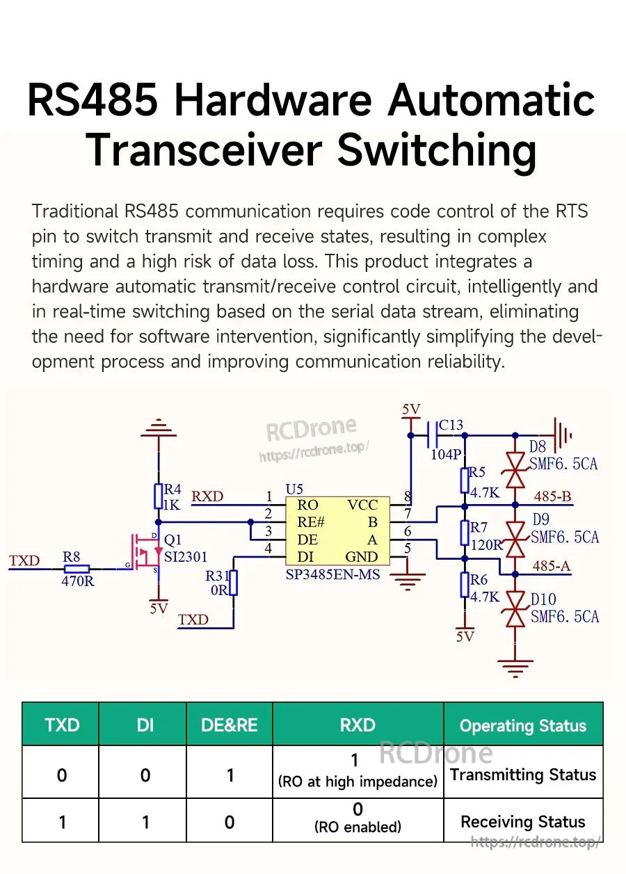 RS485 hardware auto transceiver switching circuit diagram for automatic TX/RX direction control