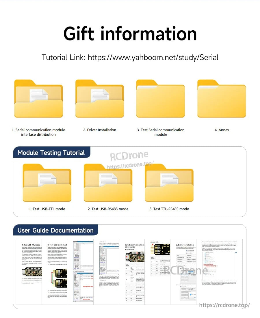 Included tutorial and documentation download information for the USB serial module