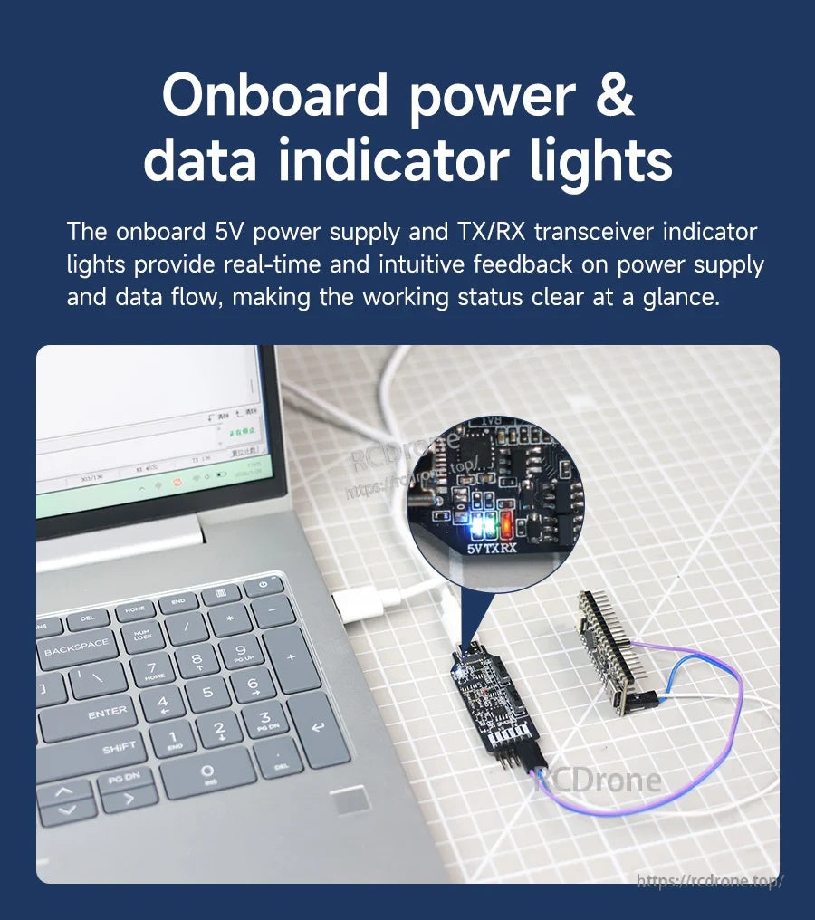 Power and TX/RX indicator LEDs on the USB serial module during connection to a laptop