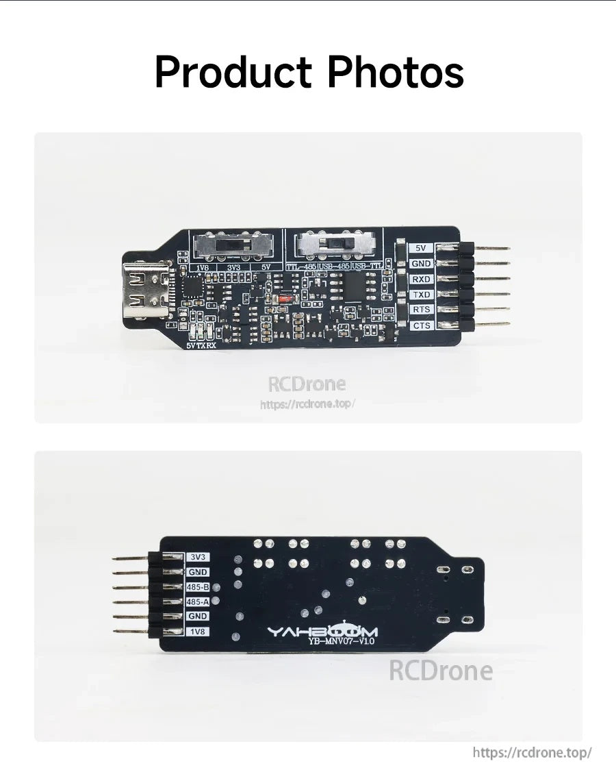 Front and back product photos of the Yahboom USB multi-functional serial port module with pin headers