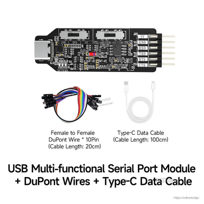 Bundle includes serial port module, 10-pin female-to-female Dupont wires (20 cm), and USB Type-C data cable (1 m)