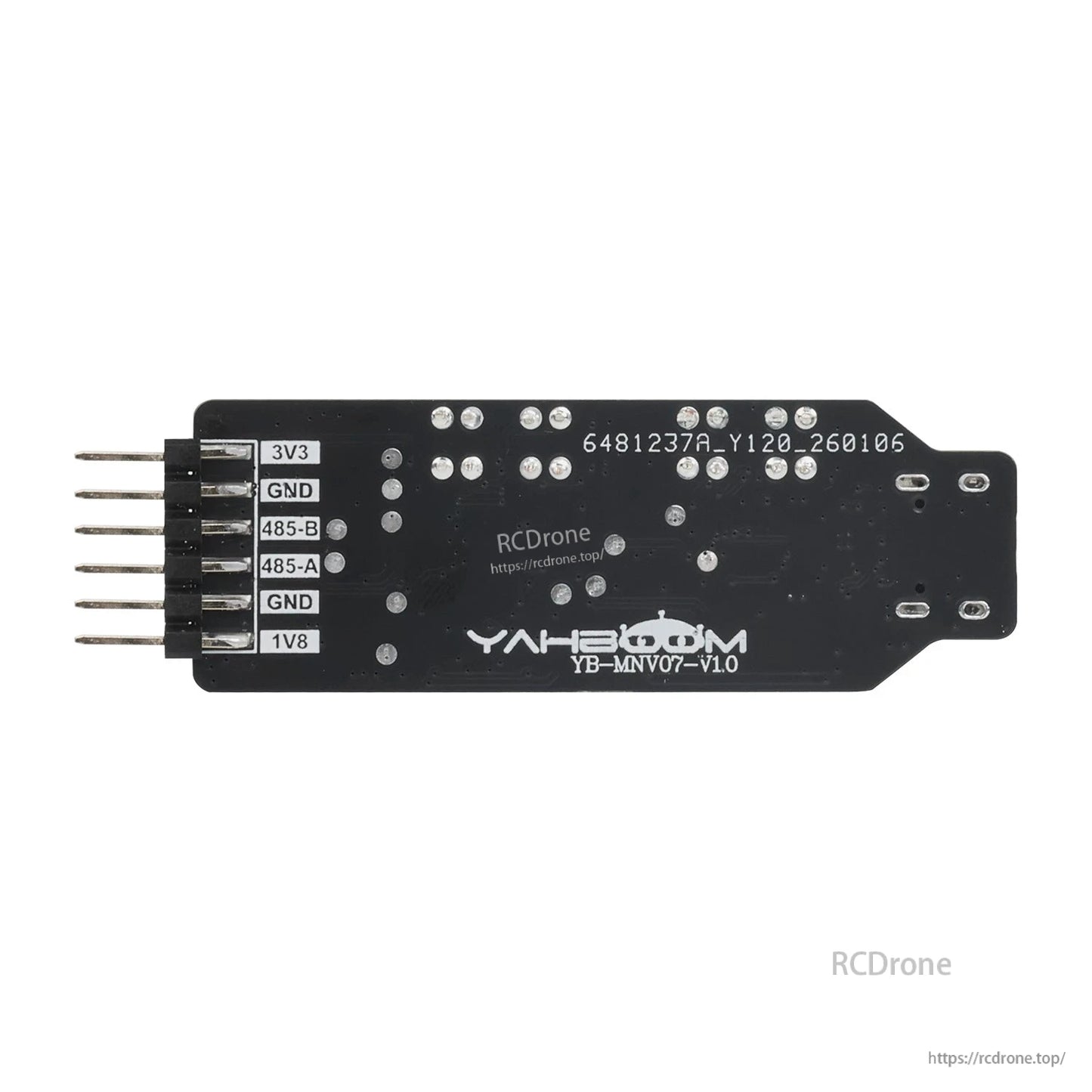 Rear view of PCB with Yahboom logo and labeled RS485/TTL pin header (3V3, GND, 485A/B, 1V8)