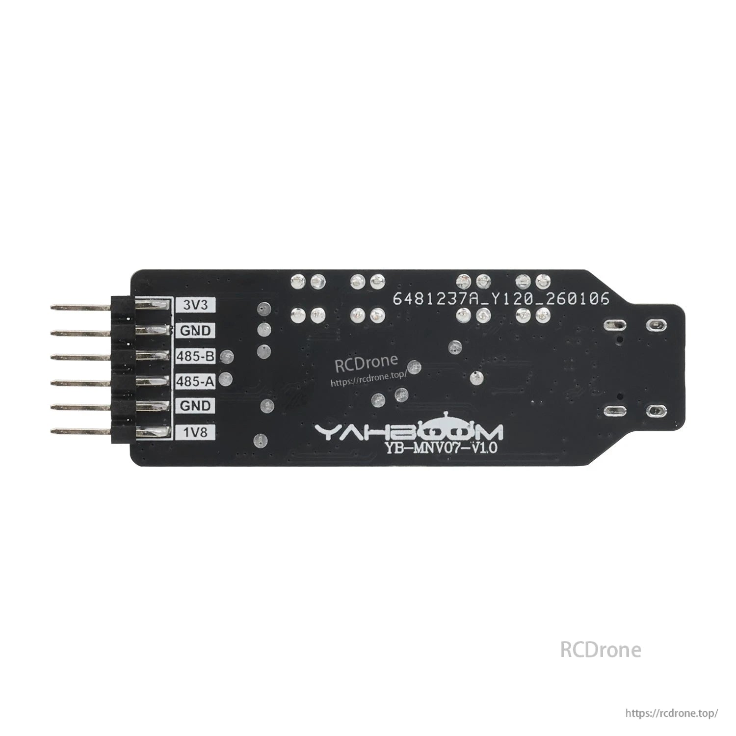 Rear view of PCB with Yahboom logo and labeled RS485/TTL pin header (3V3, GND, 485A/B, 1V8)
