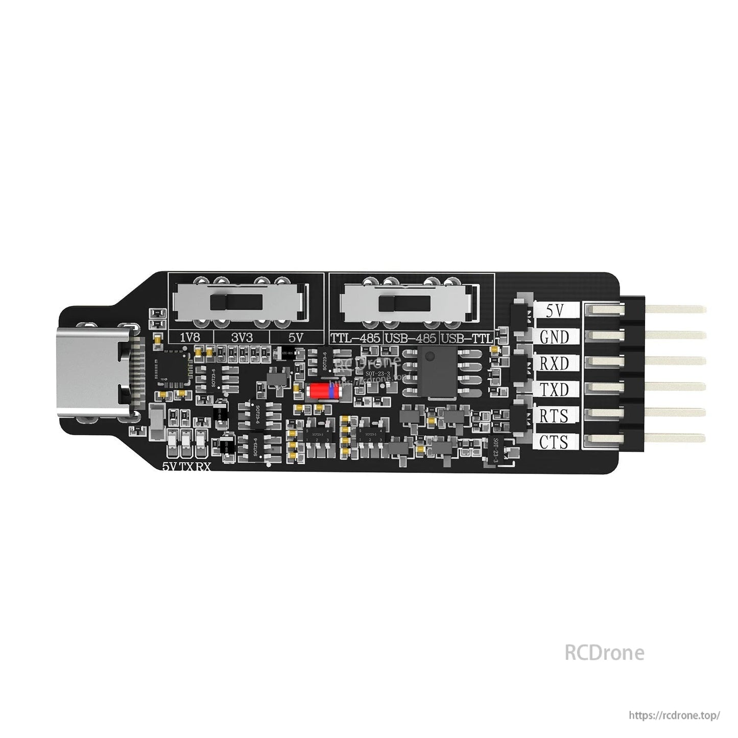 Close top view highlighting USB-C connector, onboard switches, and labeled 5V GND RXD TXD RTS CTS pins