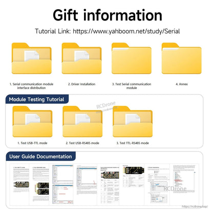 Gift information graphic with Yahboom tutorial link and user guide documentation screenshots