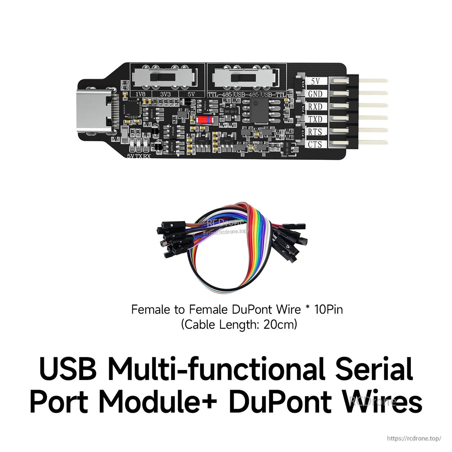 Package contents: serial port module with 10-pin female-to-female Dupont jumper wires (20 cm)