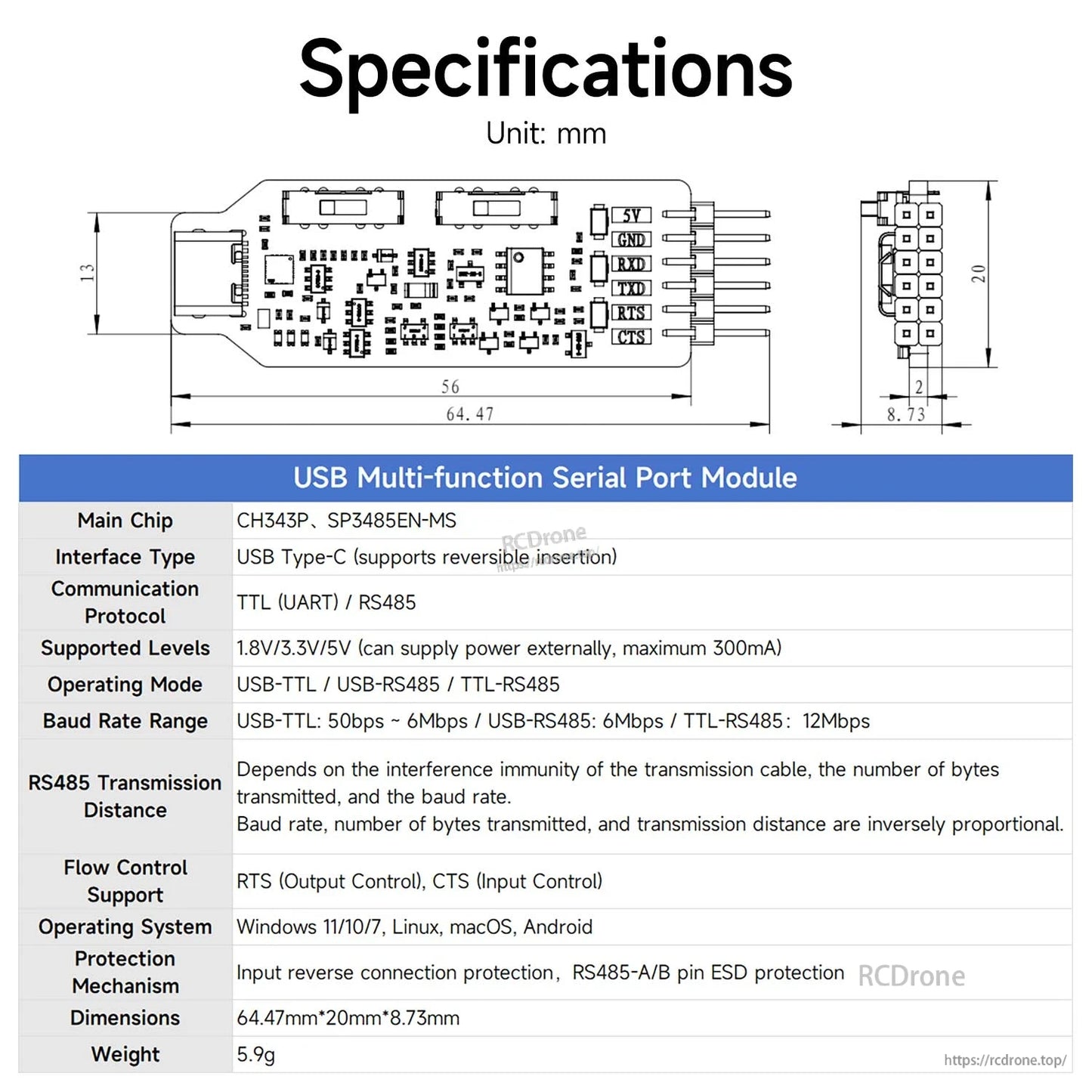 Specifications chart with module dimensions drawing and feature table for USB multi-function serial port module