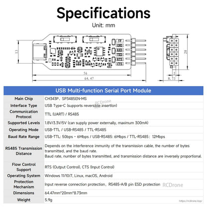 Specifications chart with module dimensions drawing and feature table for USB multi-function serial port module