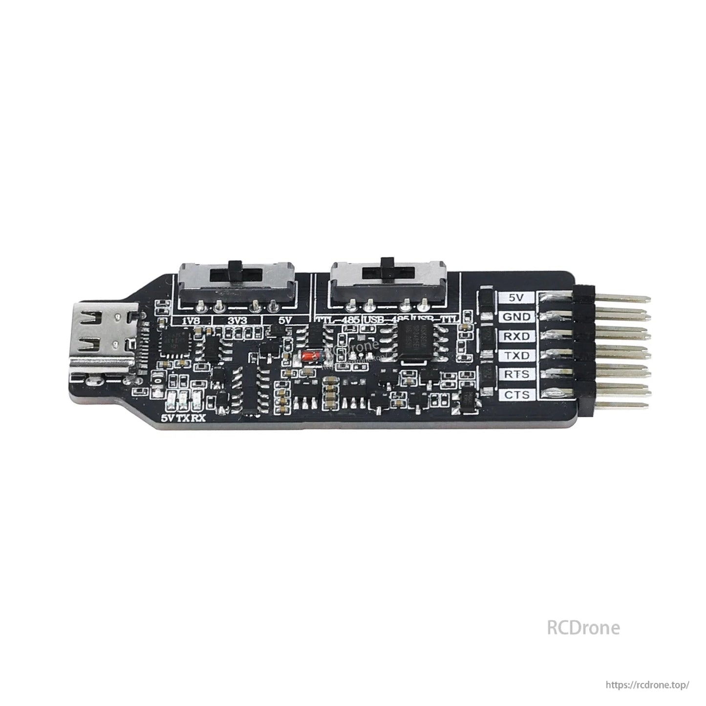 Front/top view of Yahboom USB multi-functional serial port module showing voltage/mode switches and 6-pin header