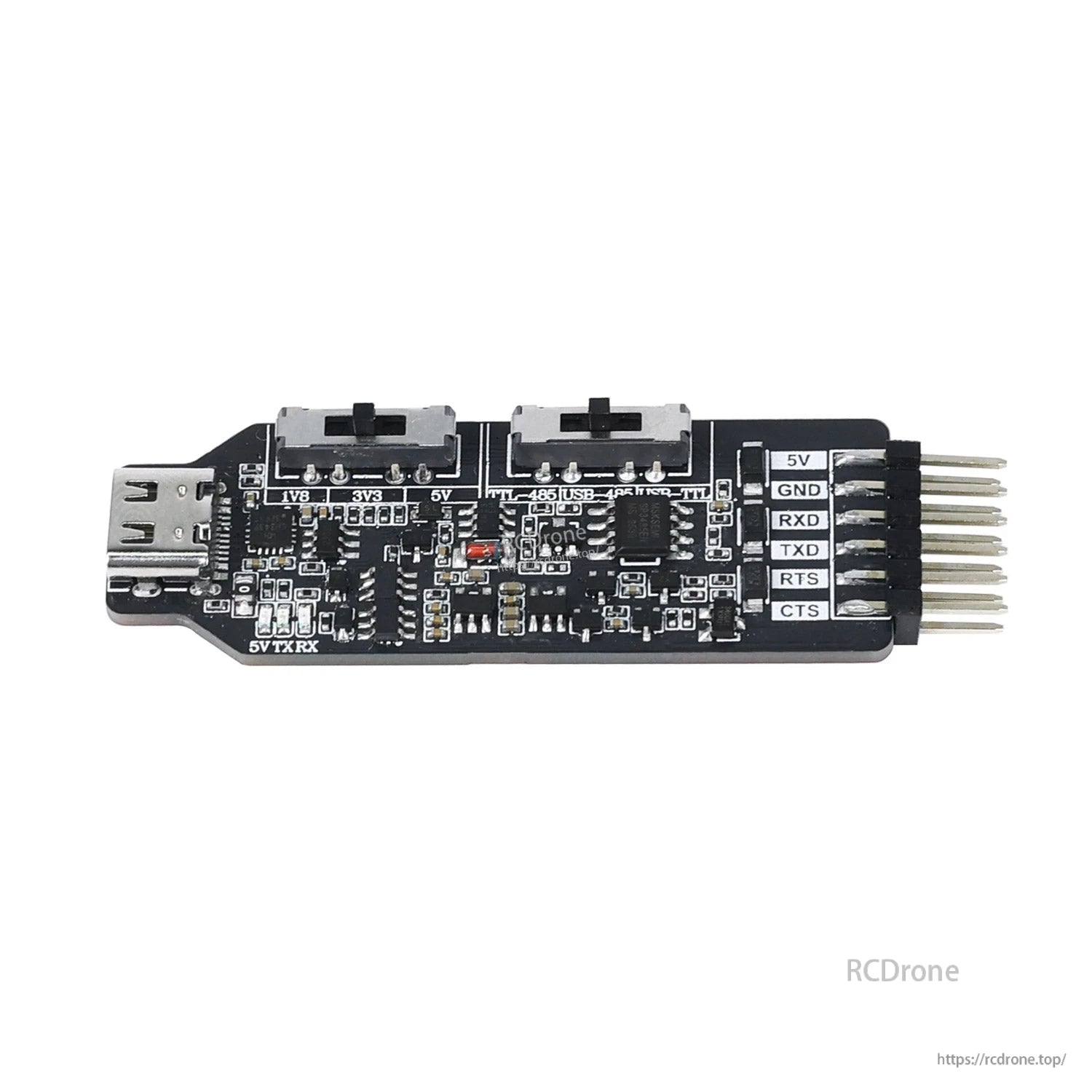Front/top view of Yahboom USB multi-functional serial port module showing voltage/mode switches and 6-pin header
