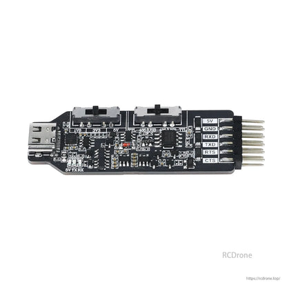 Front/top view of Yahboom USB multi-functional serial port module showing voltage/mode switches and 6-pin header