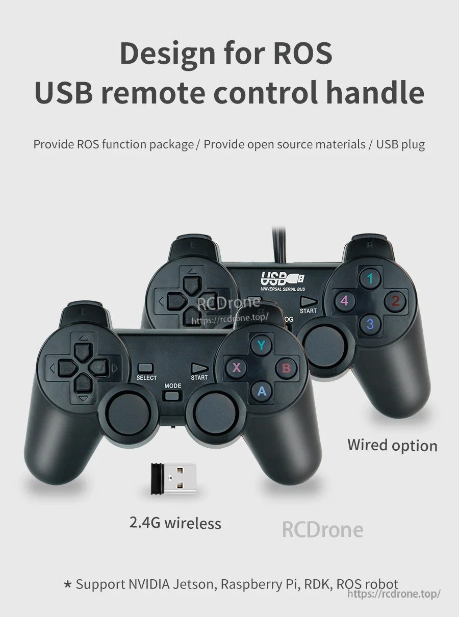 Yahboom USB PS2 remote control handle for ROS/ROS2 robots, wired and 2.4G wireless options