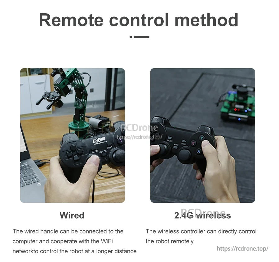 Remote control method graphic showing wired USB control and 2.4G wireless control of a robot car