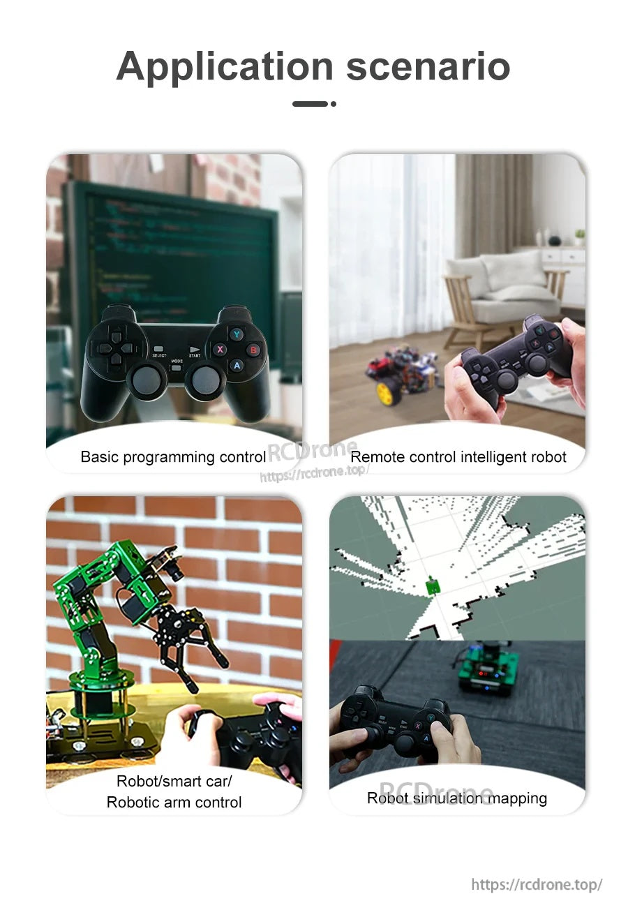 Application scenarios collage: programming control, smart car driving, robotic arm control, mapping simulation