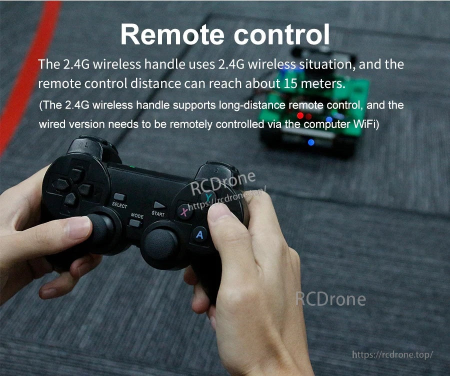 Hands holding Yahboom 2.4G wireless controller with robot car; text notes ~15 m control distance