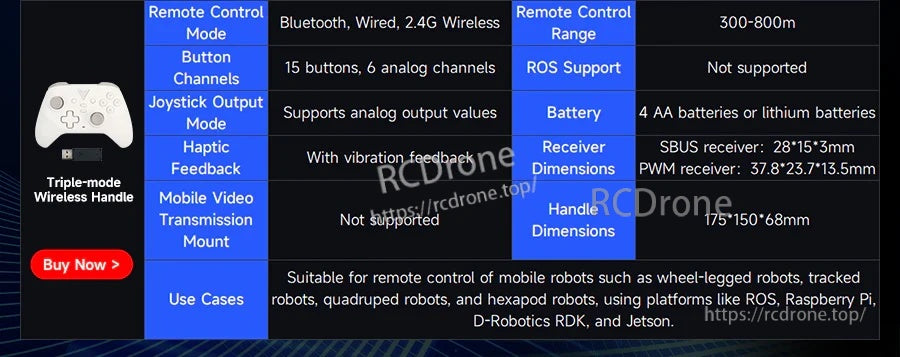 Comparison chart for a triple‑mode wireless handle (Bluetooth/wired/2.4G) with vibration feedback