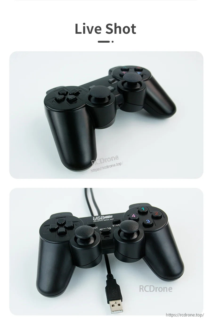 Yahboom-style PS2 gamepad remote controller with dual analog sticks and USB cable for wired or wireless control