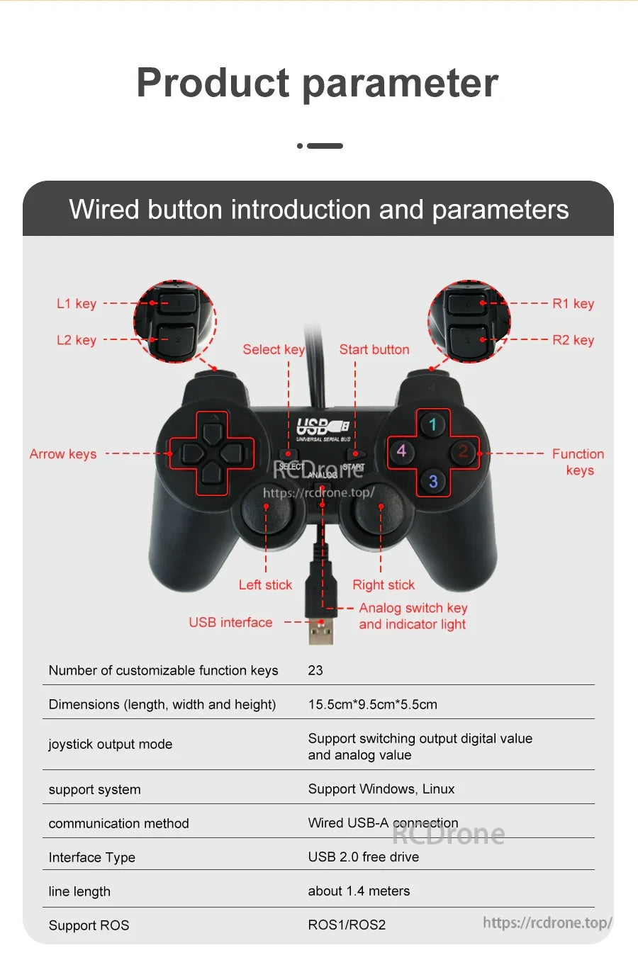 Yahboom PS2-style wired gamepad controller with labeled buttons, USB interface, and analog sticks for ROS/ROS2