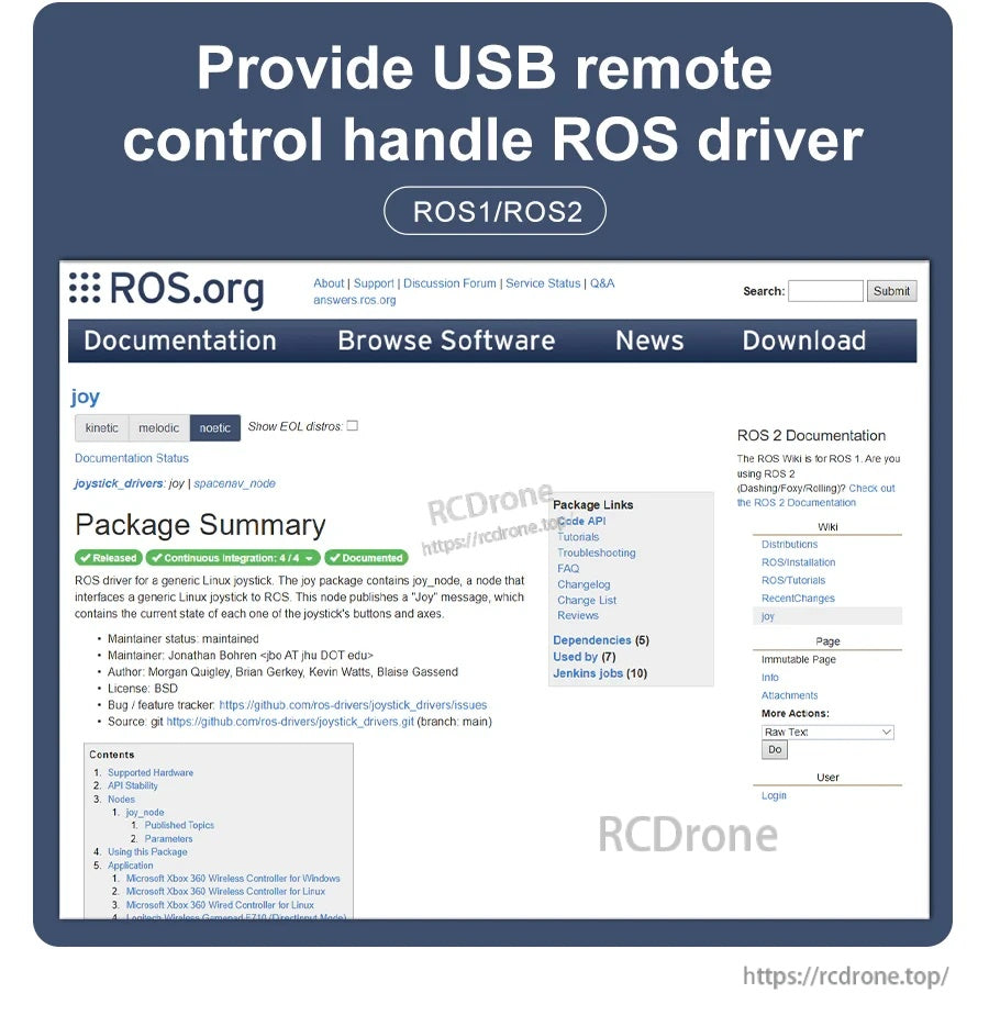 ROS1/ROS2 USB gamepad driver reference screen (ROS joy package documentation)