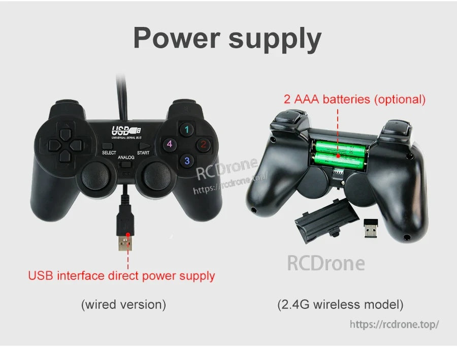 Power supply comparison: wired USB direct power vs 2.4G wireless model using 2 AAA batteries