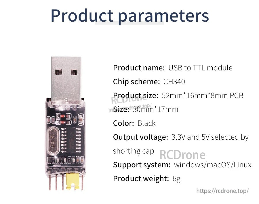 Product parameters graphic listing CH340 USB to TTL module size, 3.3V/5V output selection, OS support, and weight