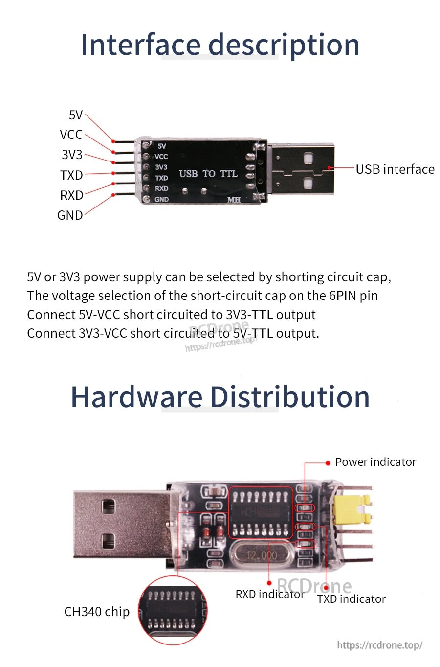 Interface pinout of the USB to TTL module: 5V, VCC, 3V3, TXD, RXD, GND plus PWR/TX/RX status LEDs