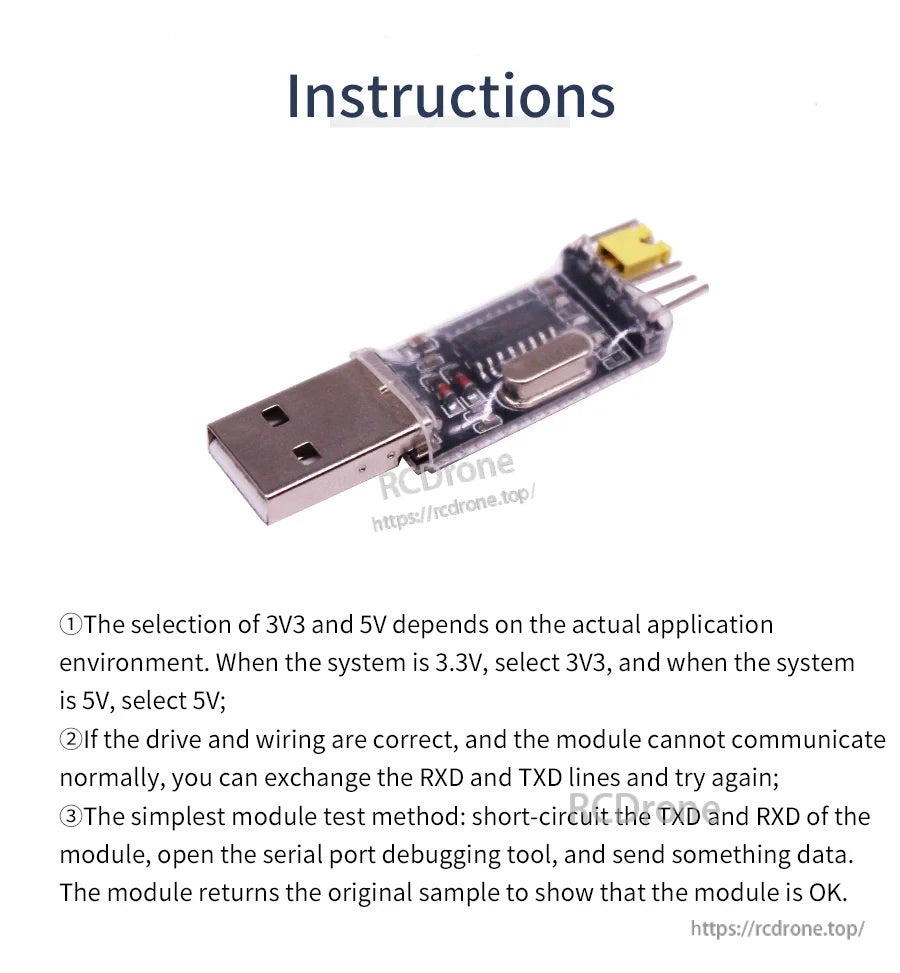 Instructions for selecting 3.3V or 5V output and testing the CH340 USB to TTL adapter by shorting TXD and RXD