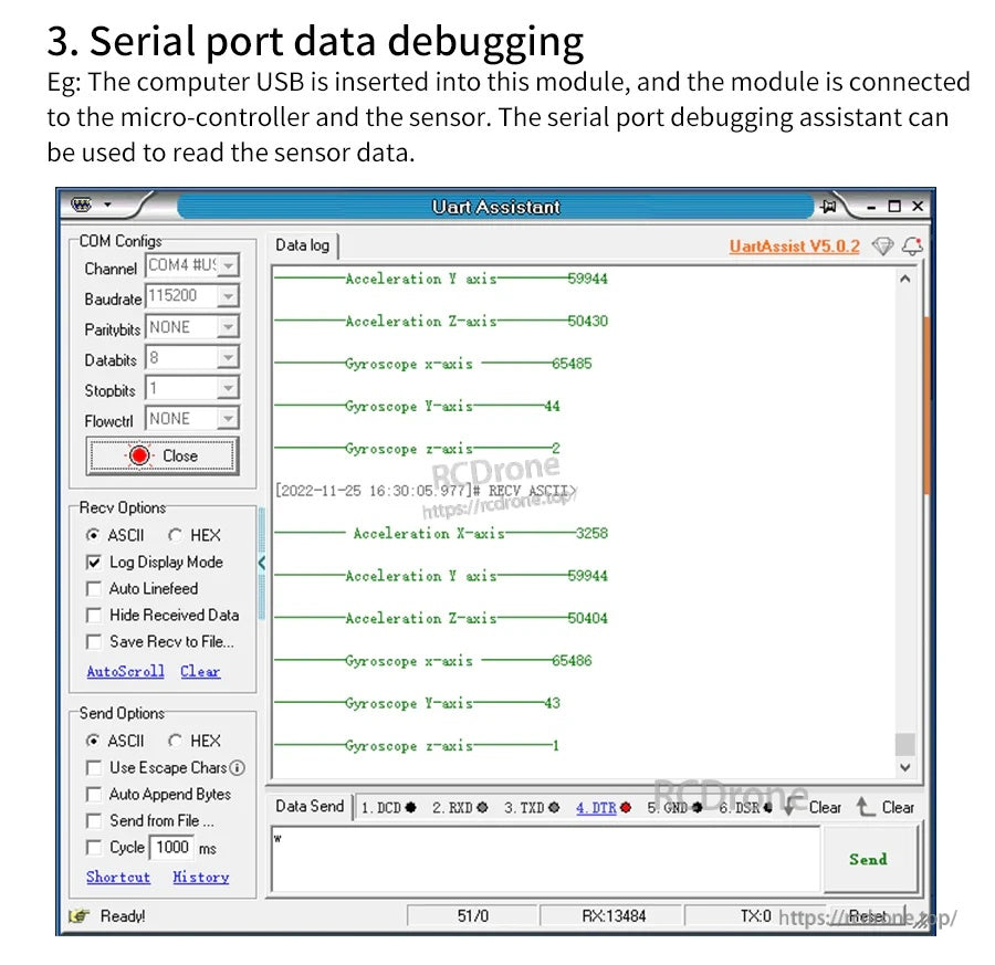 Serial port debugging software screen for reading sensor or microcontroller data over a USB to TTL UART adapter