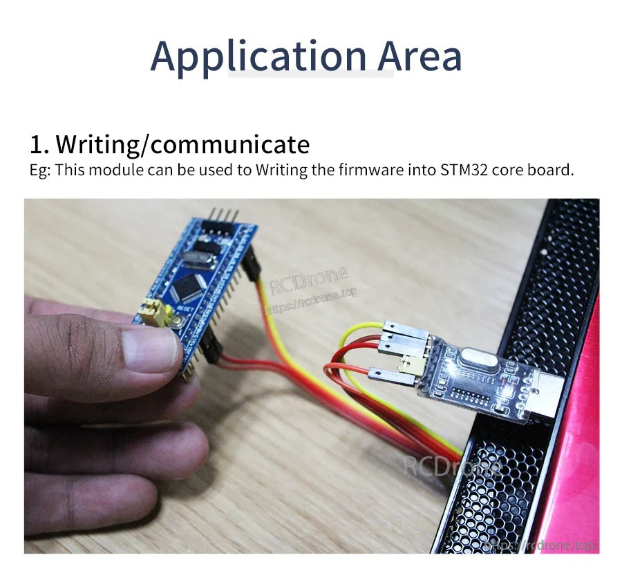 USB to TTL adapter wired to an STM32 development board for firmware writing and serial communication