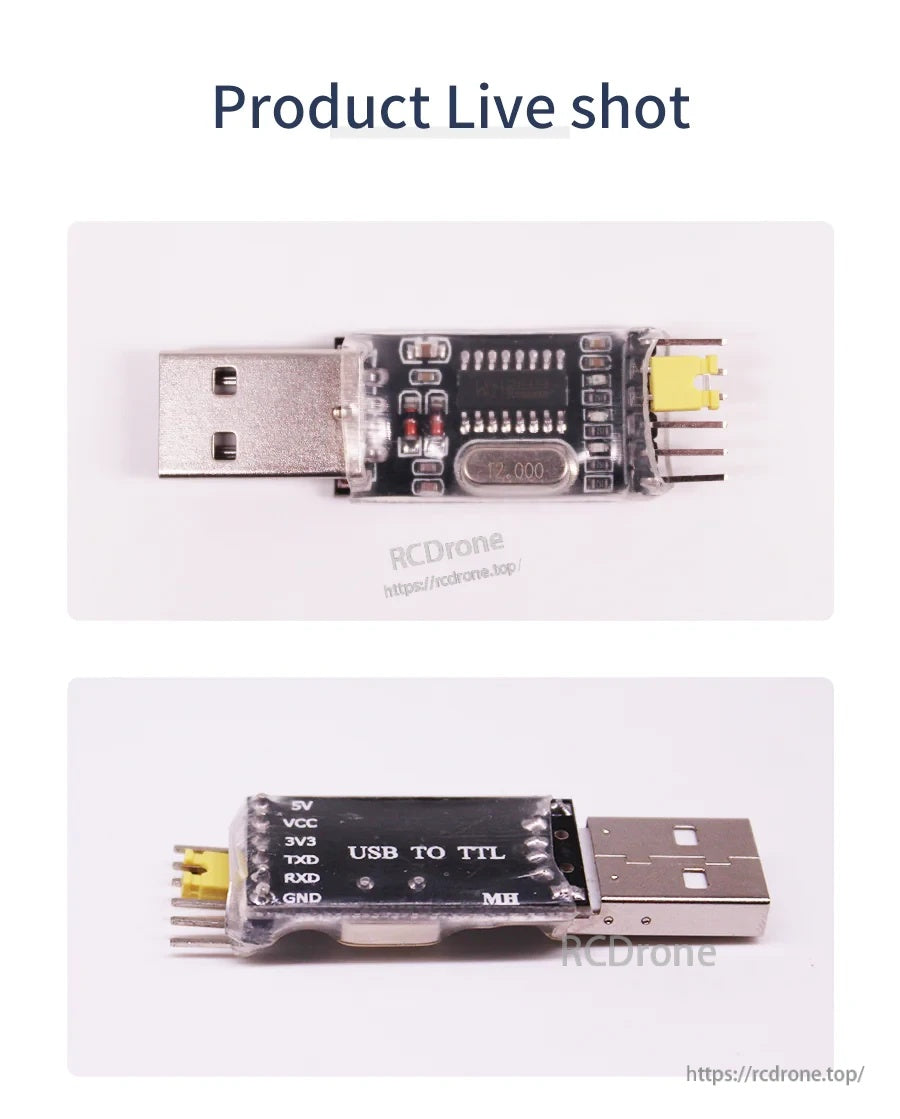 Live product photos of the Yahboom USB to TTL UART adapter showing USB plug, CH340 chip side, and labeled header pins