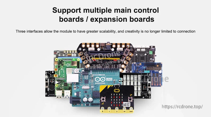 Controller compatibility collage showing the ultrasonic sensor working with popular main boards