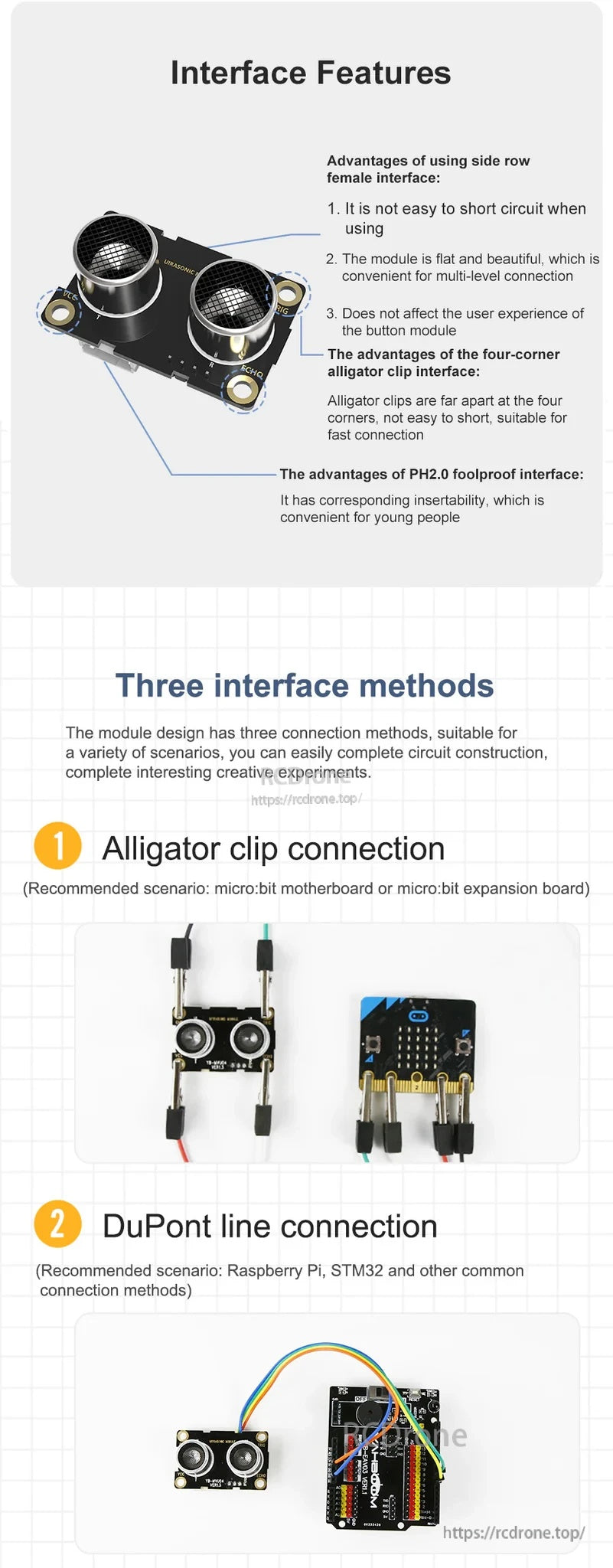 Interface features graphic highlighting alligator-clip pads and side-row DuPont connector options