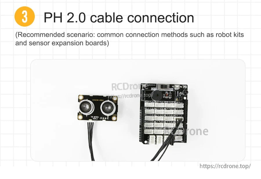 PH2.0 cable connection example for the ultrasonic module with a sensor expansion board