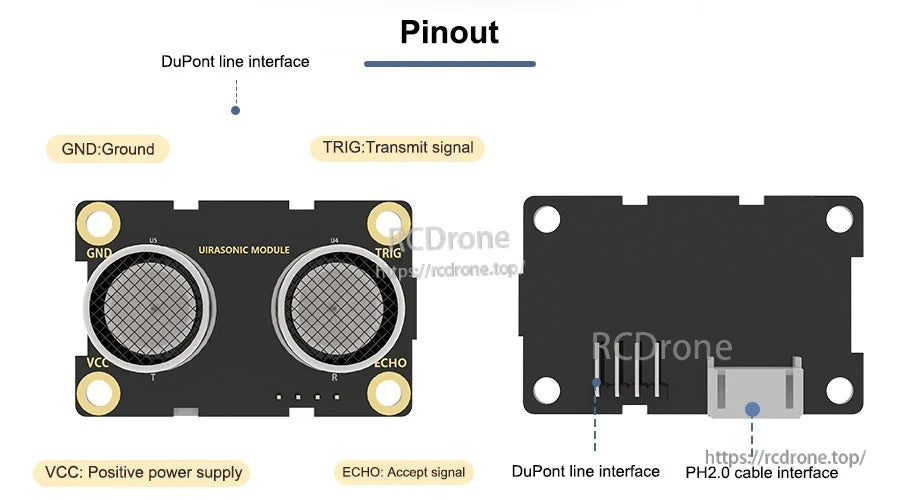 Pinout diagram labeling VCC, GND, TRIG, ECHO plus DuPont line and PH2.0 cable interfaces