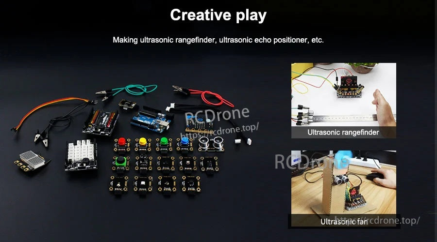 Project ideas collage for ultrasonic rangefinder and interactive builds using the sensor module