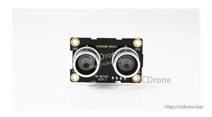 Front view of the ultrasonic sensor module with dual transducers and VCC/GND/TRIG/ECHO markings