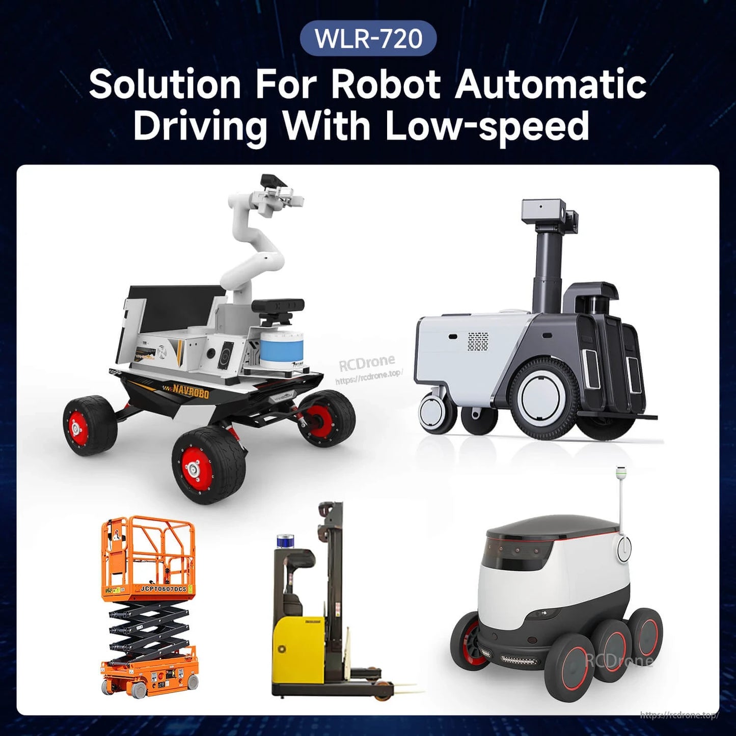 WLR-720 low-speed robot driving solution graphic with delivery robot, rover, forklift, scissor lift