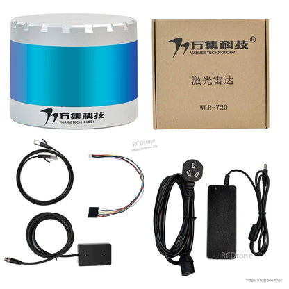 Yahboom VANJEE WLR-720 LiDAR package contents with sensor, box, cables, and power adapter
