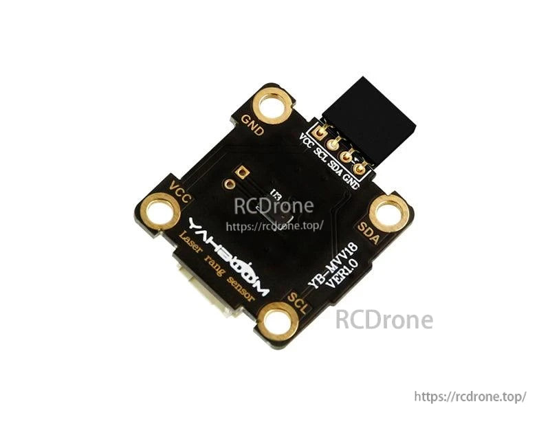 Diagonal front view of the module with four mounting holes and I2C pin labels on PCB