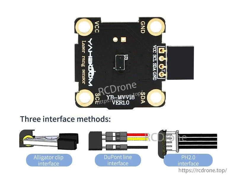 Yahboom VL53L0X TOF laser ranging sensor interface options graphic (alligator clip, DuPont, PH2.0)